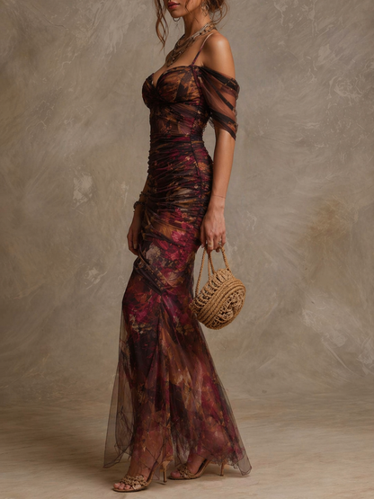 Vestido Maxi Morado Floral Malla Hombros Descubiertos