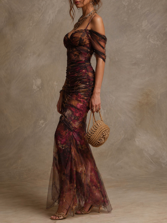 Vestido Maxi Morado Floral Malla Hombros Descubiertos