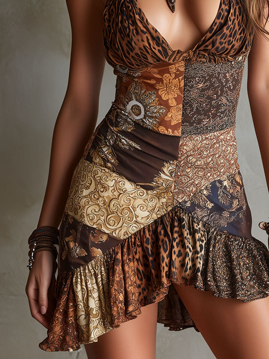 Vestido Mini Boho Leopardo Barroco Halter