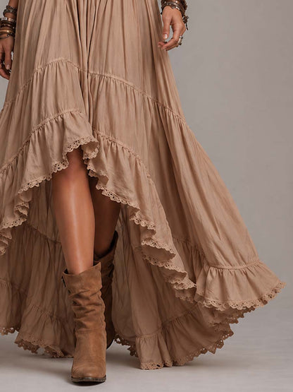 Vestido Maxi Boho Caqui Corsé Halter Escalonado