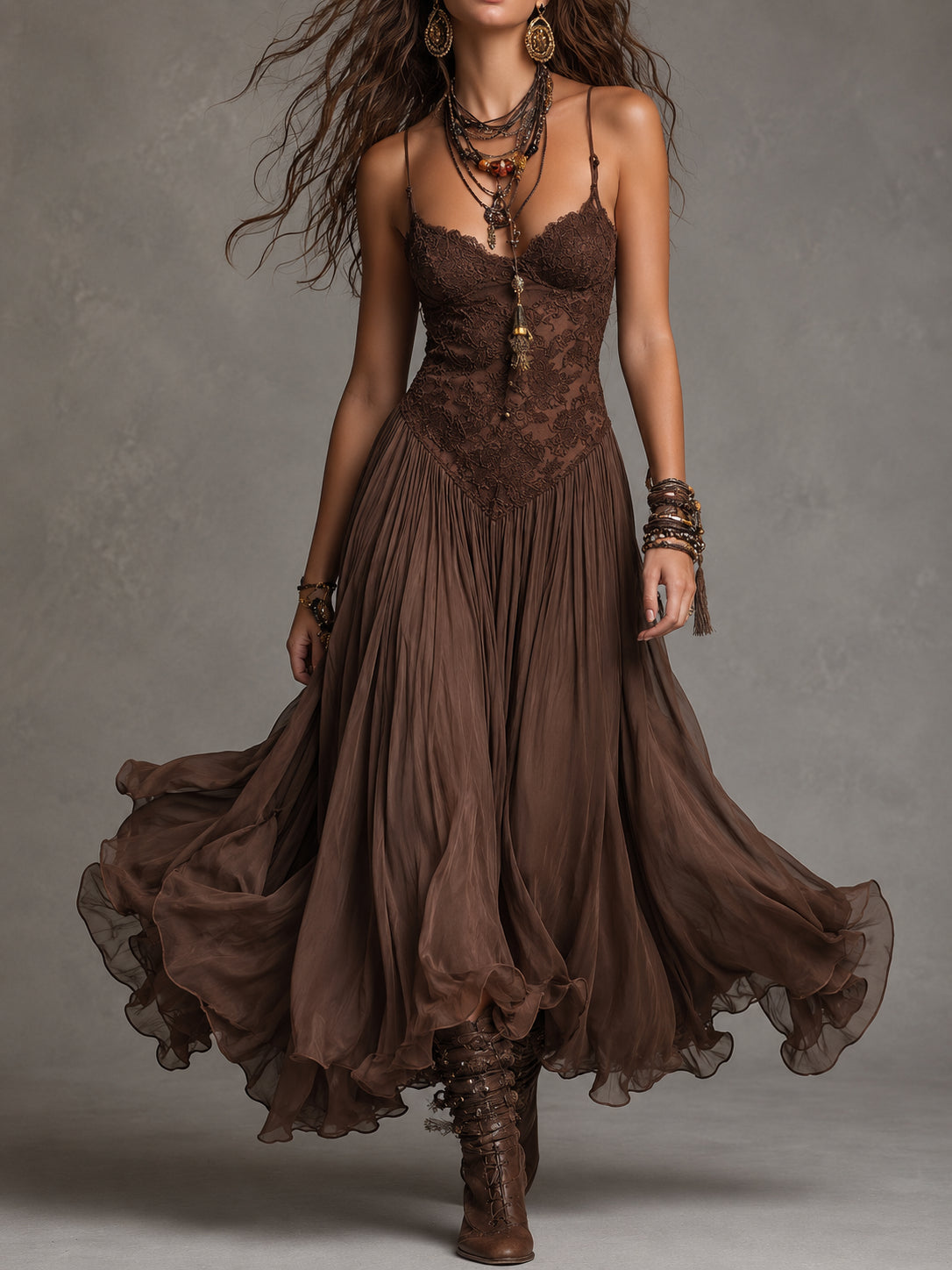 Vestido Maxi Marrón Oscuro Encaje Corsé Chiffon