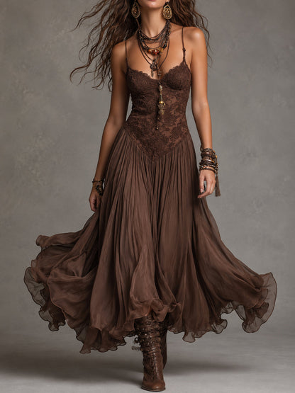 Vestido Maxi Marrón Oscuro Encaje Corsé Chiffon