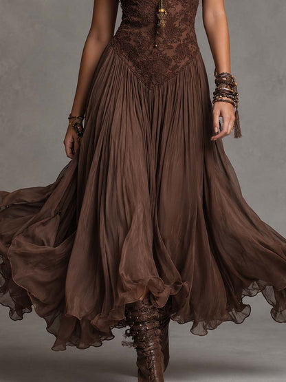 Vestido Maxi Marrón Oscuro Encaje Corsé Chiffon