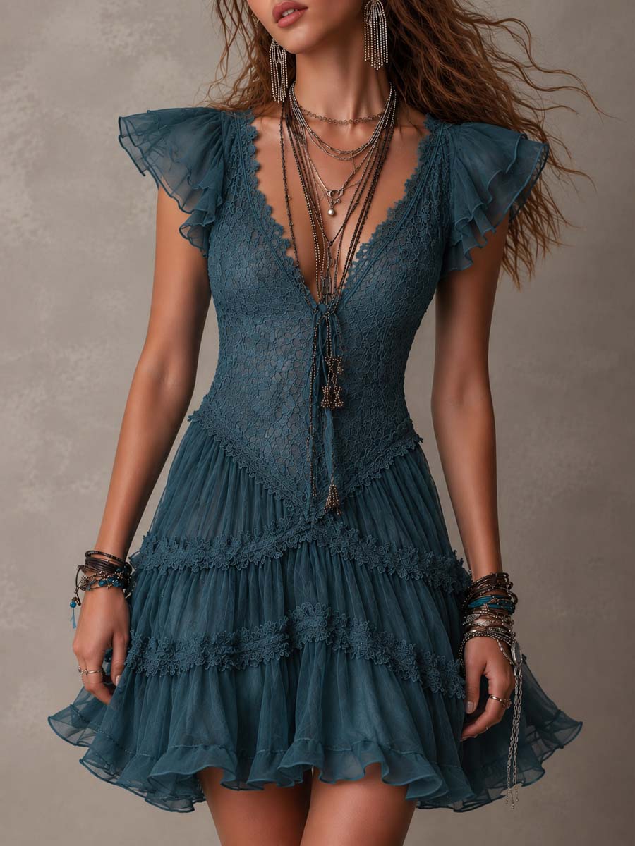 Vestido Mini Azul Marino Encaje Chiffon Volantes