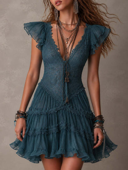 Vestido Mini Azul Marino Encaje Chiffon Volantes