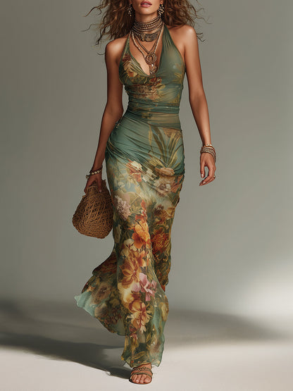 Vestido Maxi Verde Musgo Estampado Pintura Malla