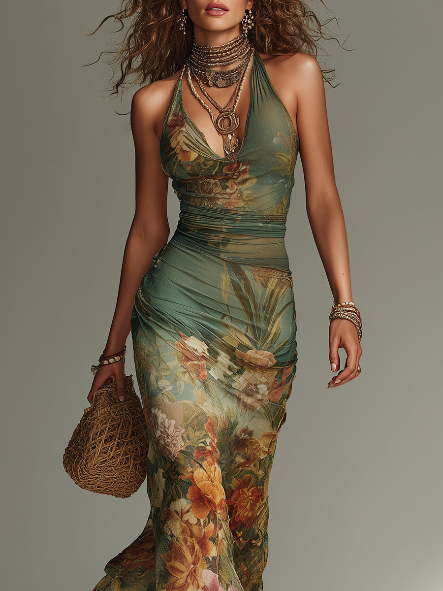 Vestido Maxi Verde Musgo Estampado Pintura Malla