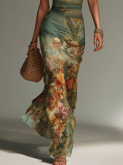 Vestido Maxi Verde Musgo Estampado Pintura Malla