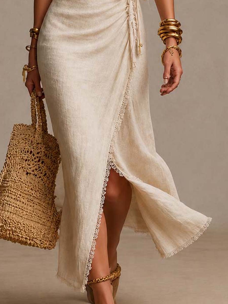 Vestido Midi Lino Crudo Cruzado Encaje
