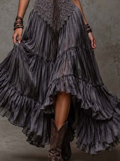Vestido Maxi Gris Oscuro Encaje Capas Crinkle