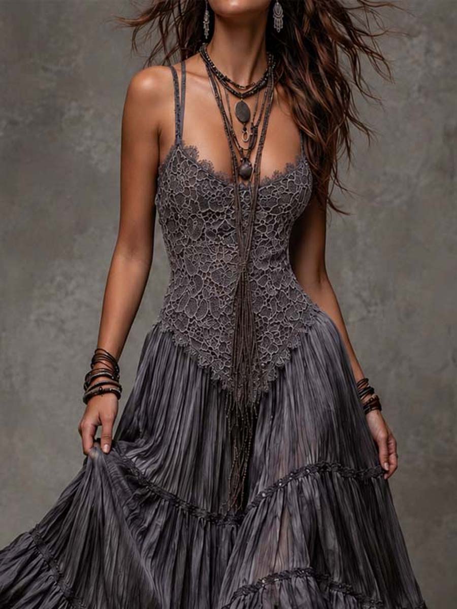 Vestido Maxi Gris Oscuro Encaje Capas Crinkle
