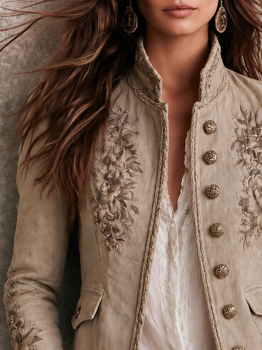 Chaqueta Beige Cuello Mao Bordado Floral