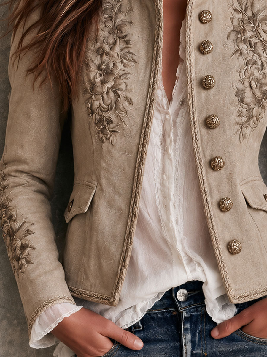 Chaqueta Beige Cuello Mao Bordado Floral