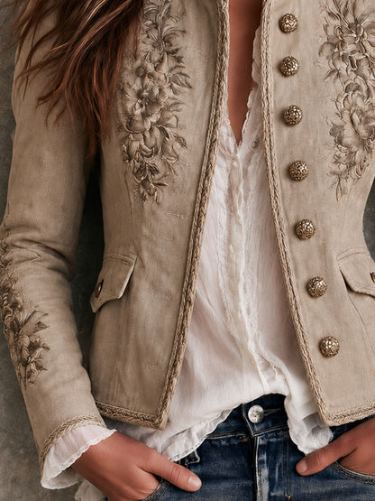 Chaqueta Beige Cuello Mao Bordado Floral
