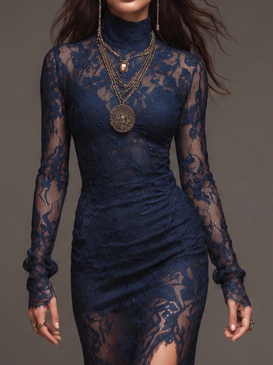 Vestido Midi Azul Marino Encaje Escalope Cuello Alto