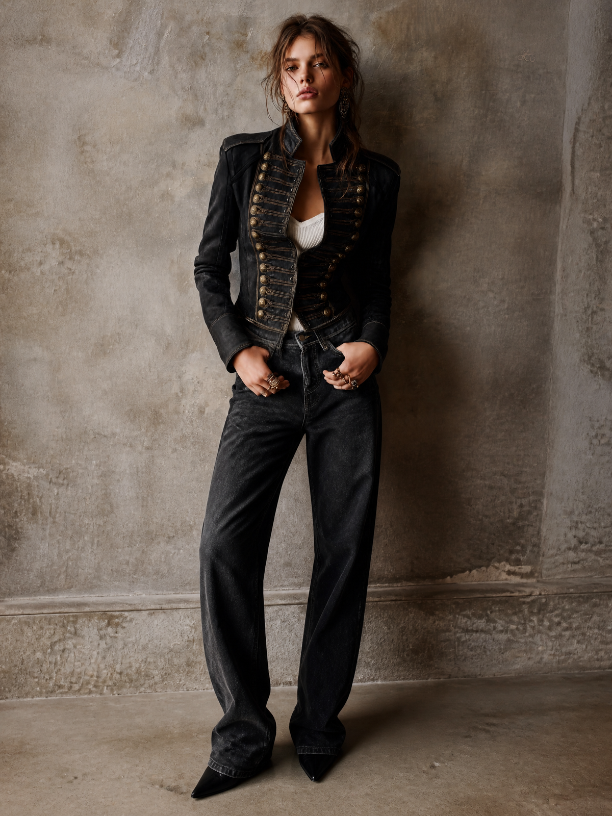 Chaqueta Piel Negra Militar Ribete Dorado