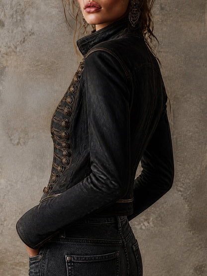 Chaqueta Piel Negra Militar Ribete Dorado