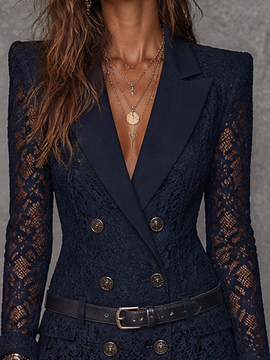 Vestido Mini Blazer Azul Marino Encaje Floral Cinturón
