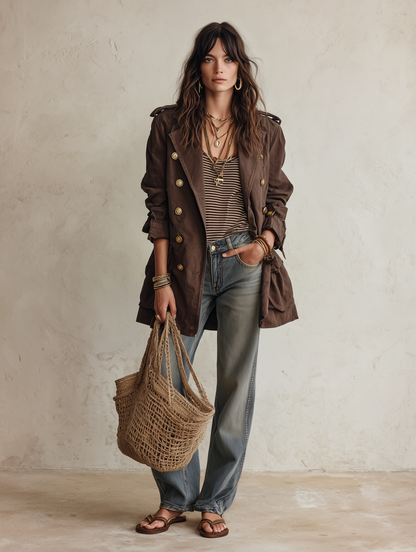 Trench Chocolate Cruzado Cinturón Utility