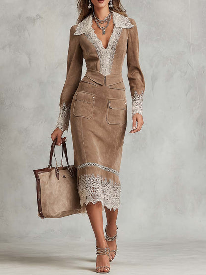 Vestido Midi Caqui Ante Encaje Mangas Largas