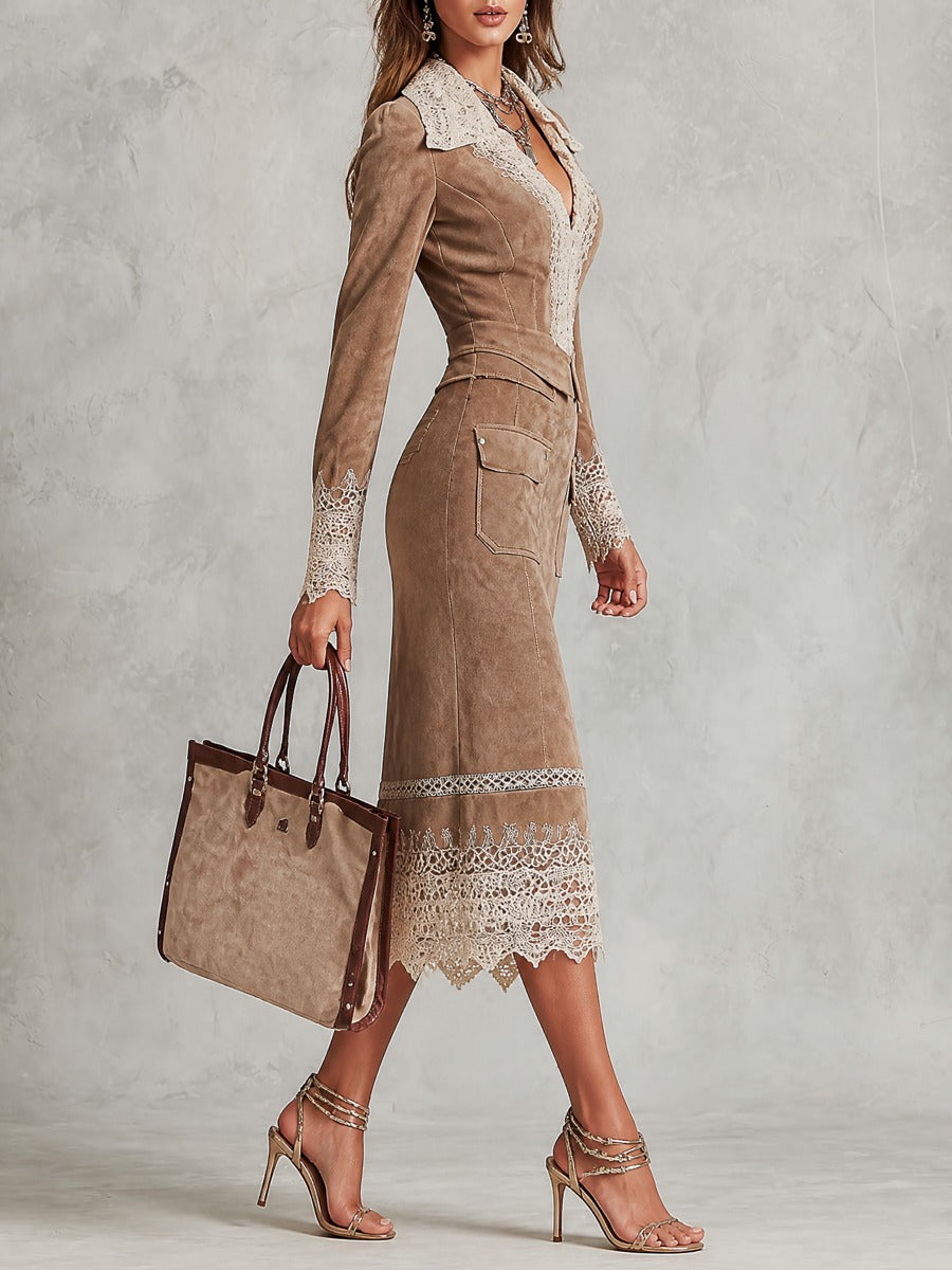 Vestido Midi Caqui Ante Encaje Mangas Largas