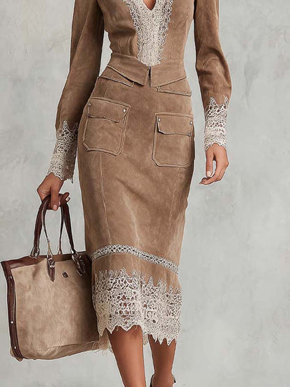 Vestido Midi Caqui Ante Encaje Mangas Largas