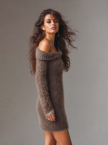 Vestido Mini Marrón Punto Peludo Hombros Descubiertos
