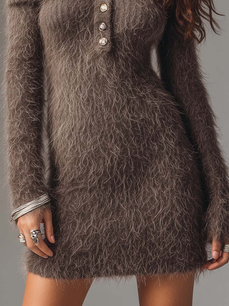 Vestido Mini Marrón Punto Peludo Hombros Descubiertos
