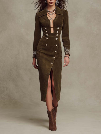 Vestido Midi Verde Oscuro Ante Bordado Puños