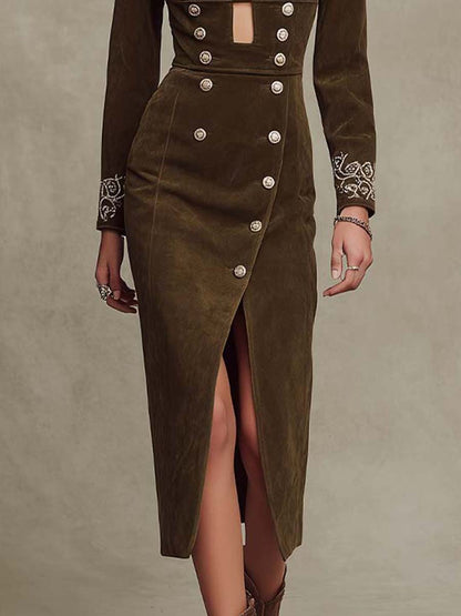 Vestido Midi Verde Oscuro Ante Bordado Puños