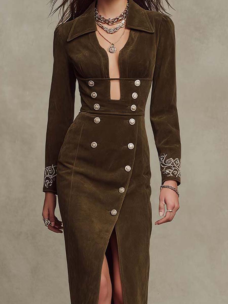 Vestido Midi Verde Oscuro Ante Bordado Puños