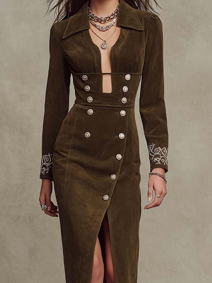 Vestido Midi Verde Oscuro Ante Bordado Puños