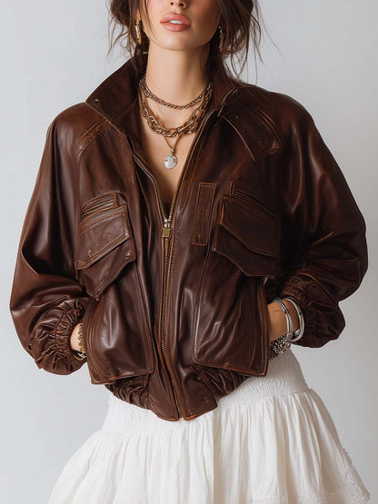 Chaqueta Piel Marrón Efecto Desgastado Boho