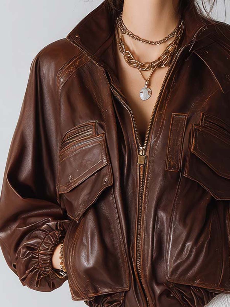 Chaqueta Piel Marrón Efecto Desgastado Boho