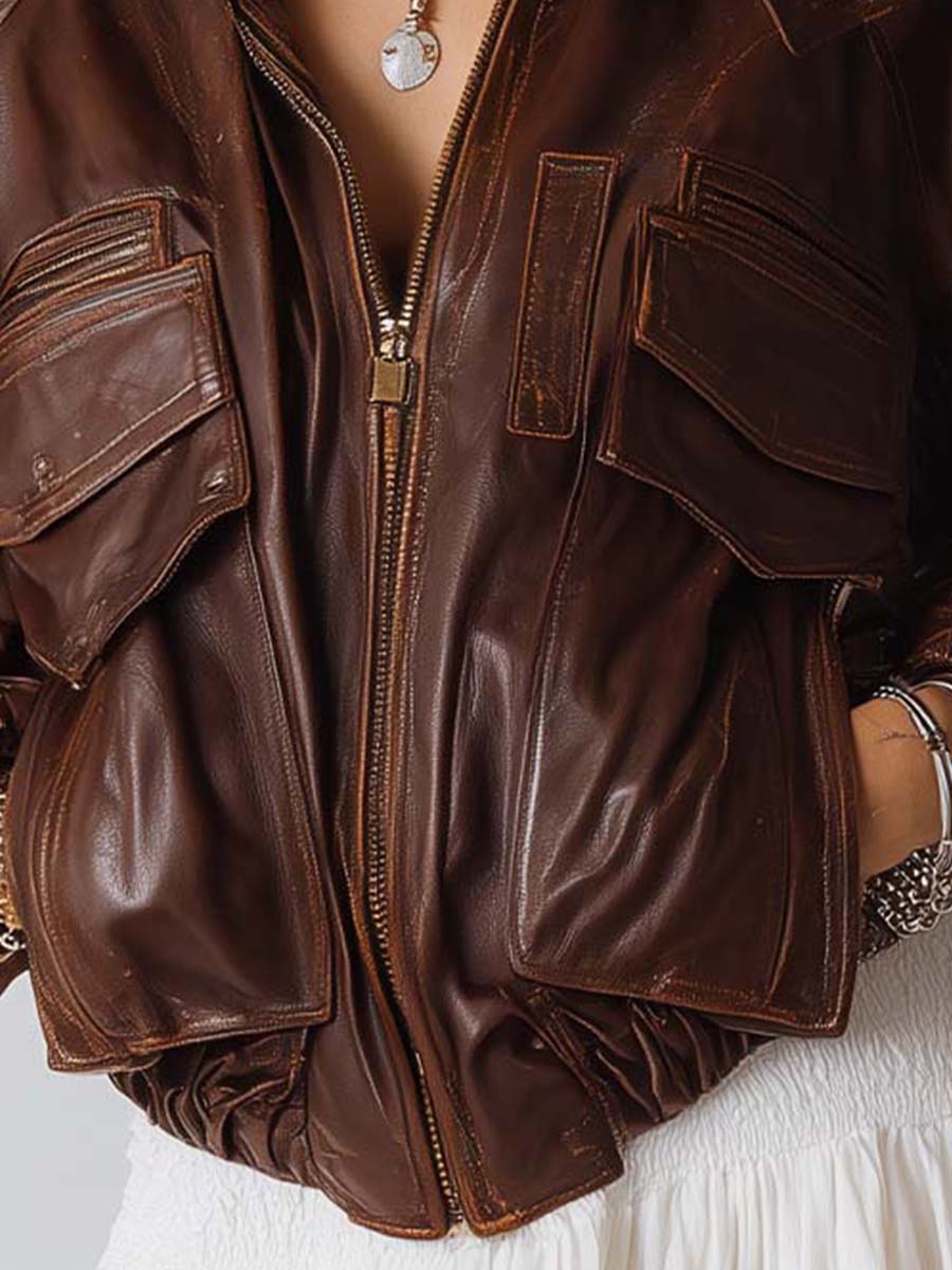 Chaqueta Piel Marrón Efecto Desgastado Boho
