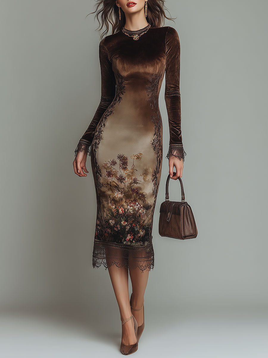 Vestido Midi Marrón Terciopelo Estampado Cuello Redondo