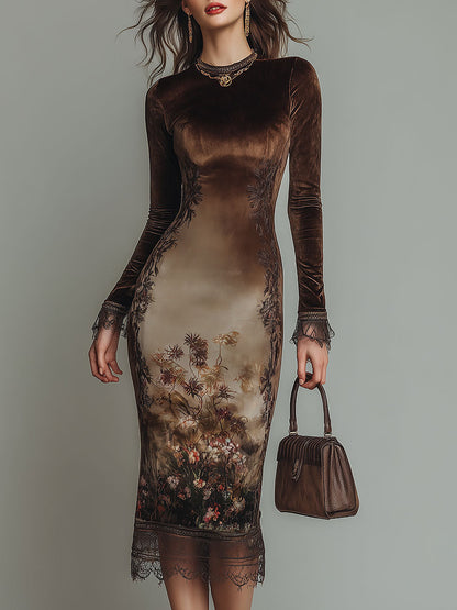 Vestido Midi Marrón Terciopelo Estampado Cuello Redondo