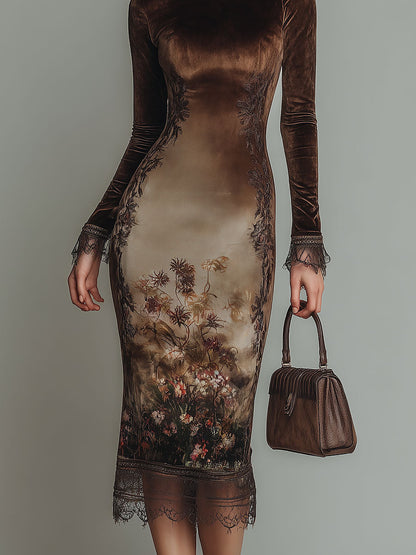 Vestido Midi Marrón Terciopelo Estampado Cuello Redondo