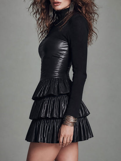 Vestido Mini Negro Piel Boho Mangas Volante