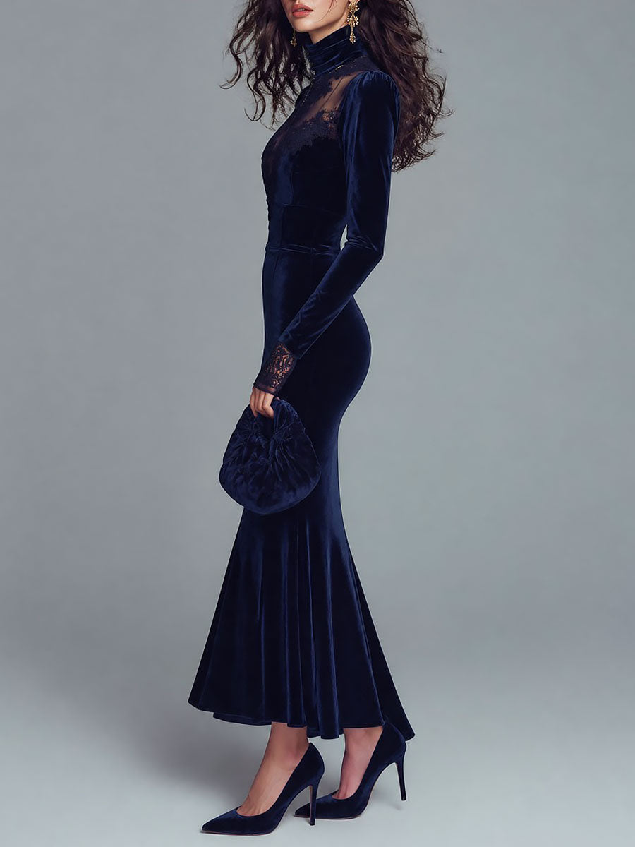 Vestido Maxi Azul Marino Terciopelo Sirena Encaje