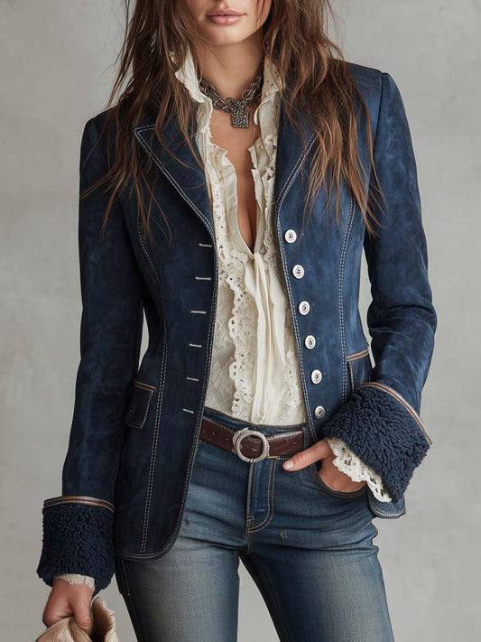 Chaqueta Ante Azul Marino Puños Pelo