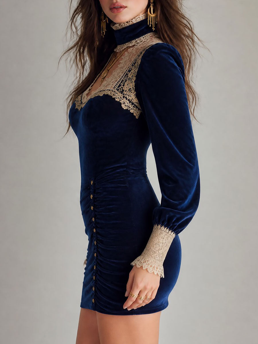 Vestido Mini Azul Marino Terciopelo Corazón Encaje
