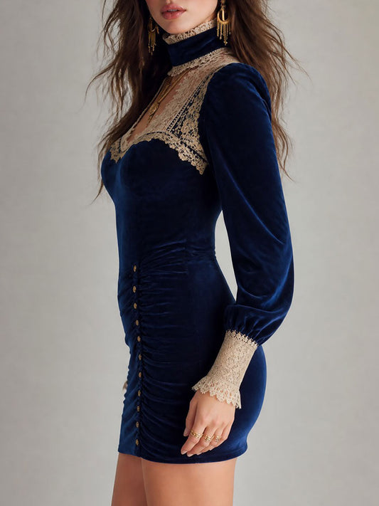 Vestido Mini Azul Marino Terciopelo Corazón Encaje