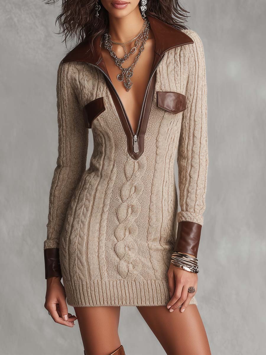 Vestido Mini Caqui Punto Trenzado Cremallera Ribete Piel