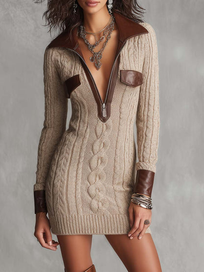 Vestido Mini Caqui Punto Trenzado Cremallera Ribete Piel