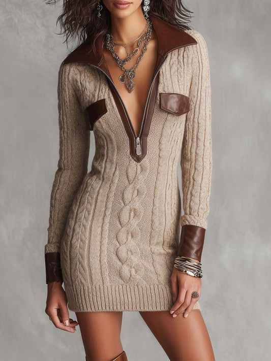 Vestido Mini Caqui Punto Trenzado Cremallera Ribete Piel