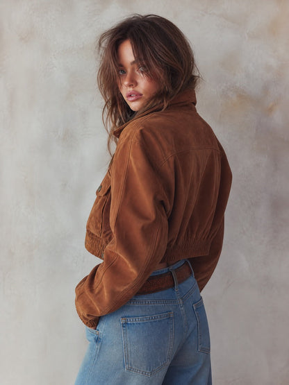 Chaqueta Ante Marrón Corta Bolsillos Broche