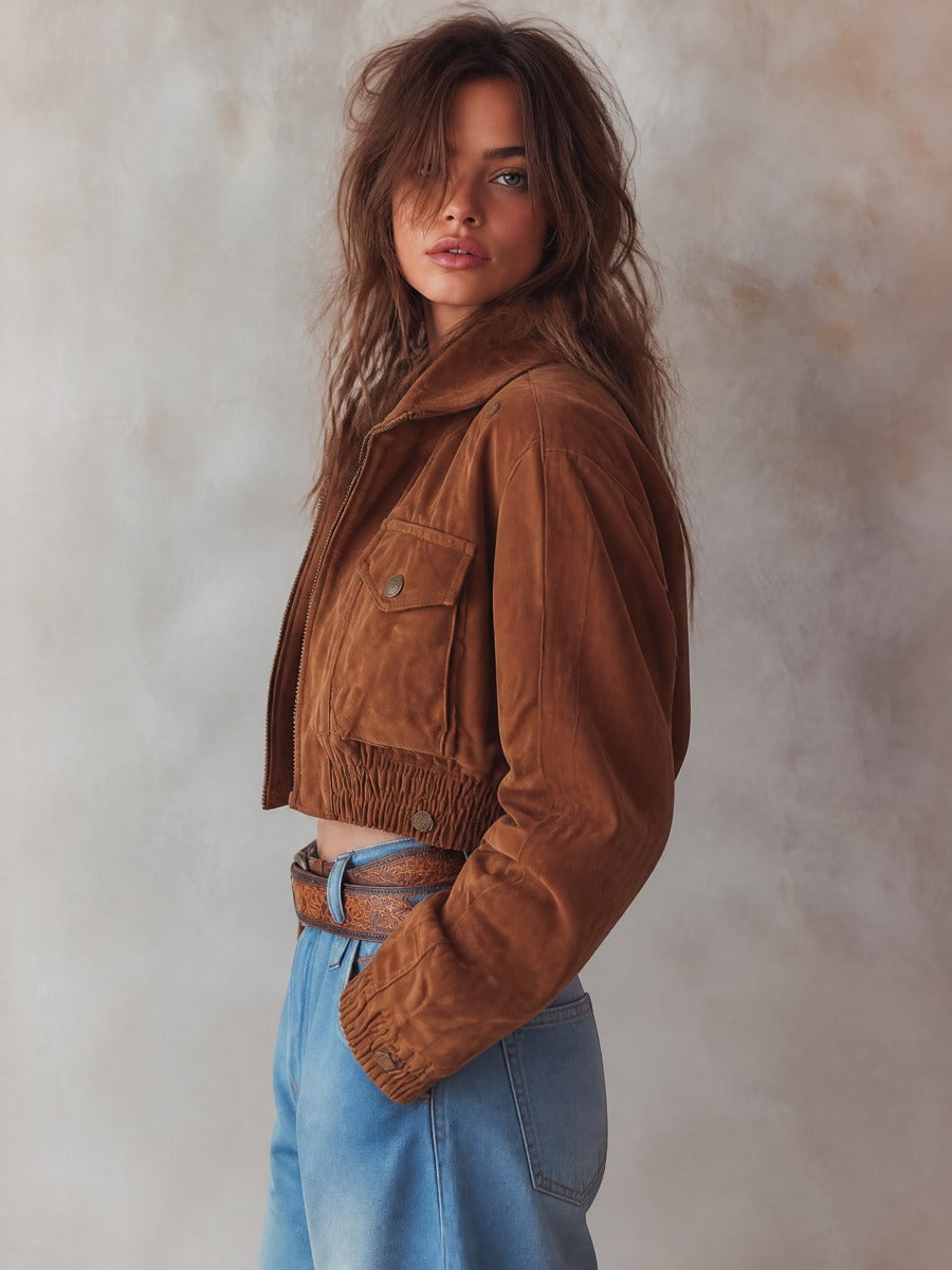 Chaqueta Ante Marrón Corta Bolsillos Broche