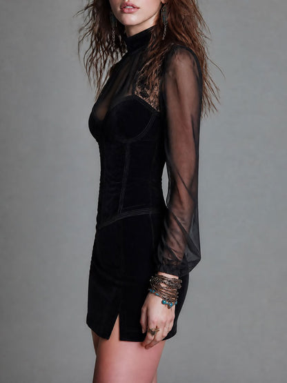 Vestido Mini Ante Negro Encaje Mangas Largas Abertura
