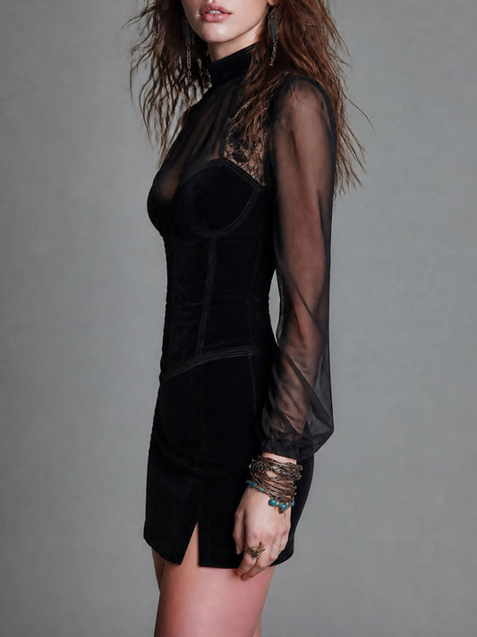 Vestido Mini Ante Negro Encaje Mangas Largas Abertura